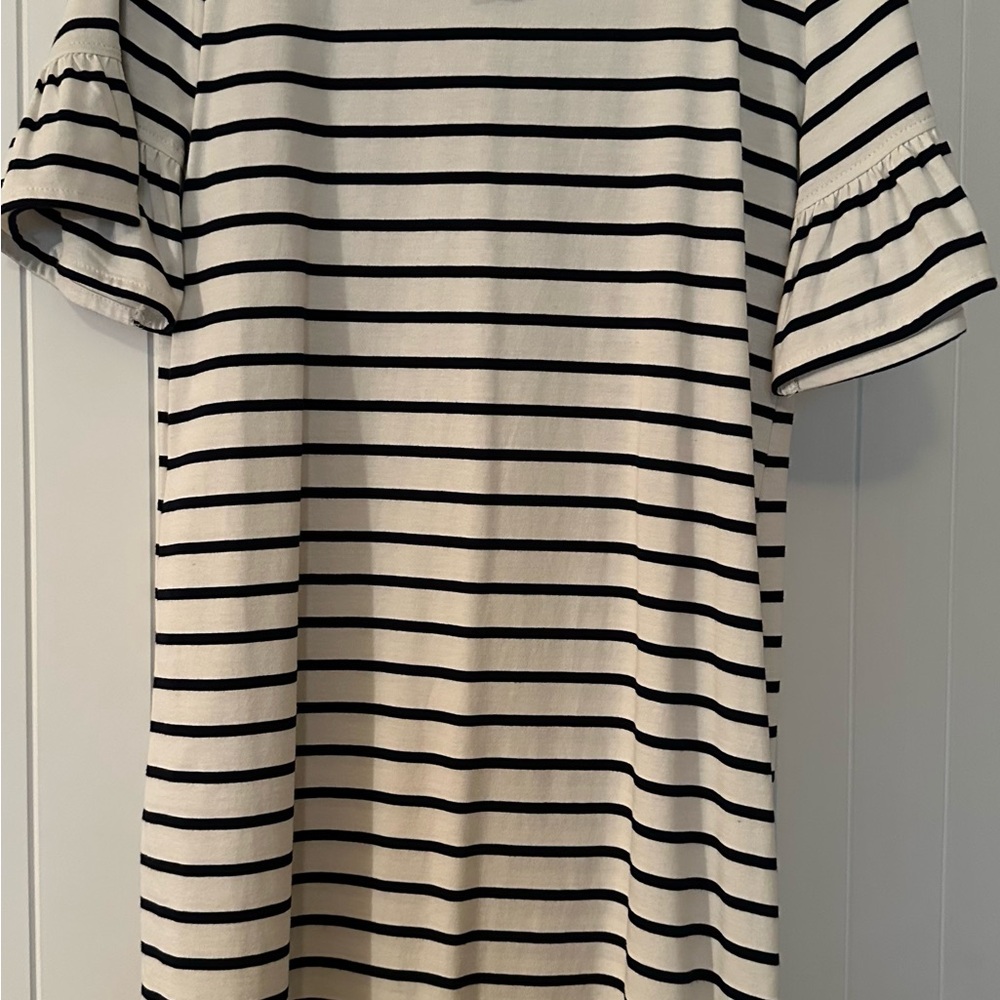 J. Crew Factory Navy and White Striped Shift Dress with Ruffled Bell Sleeves